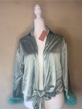 Miss Lola Sage Satin Tie-Front blouse with Feather Cuffs- large